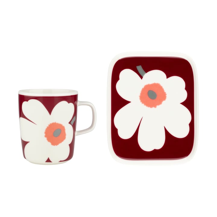 Unikko 60-Jahre Jubiläum Tasse 25 cl + Teller 12x15 cm - White-dark cherry-ash grey - Marimekko