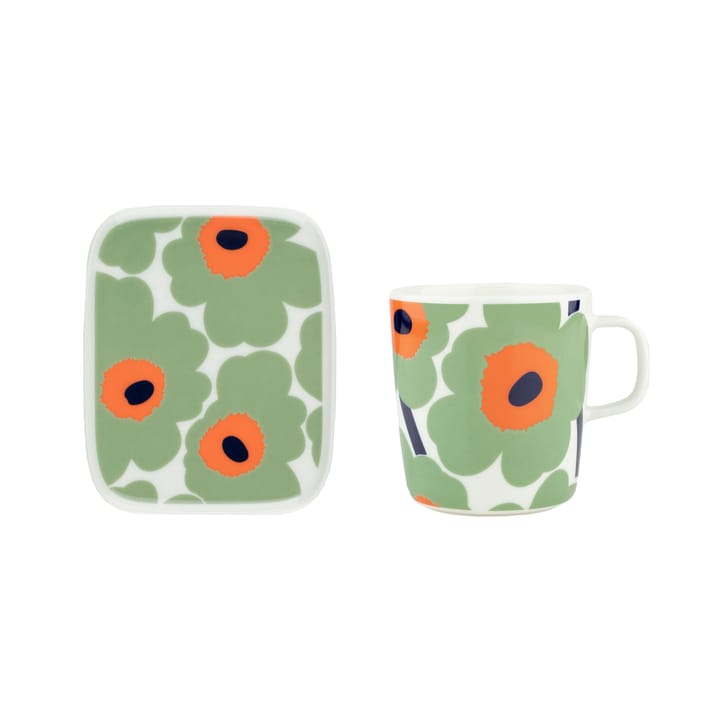 Unikko Becher 40 cl + Teller 12x15 cm, White-sage-orange-dark blue Marimekko