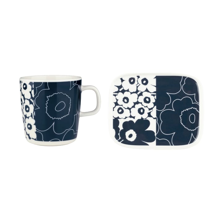 Unikko Collage Tablett + Tasse 2 Teile, White-dark blue Marimekko