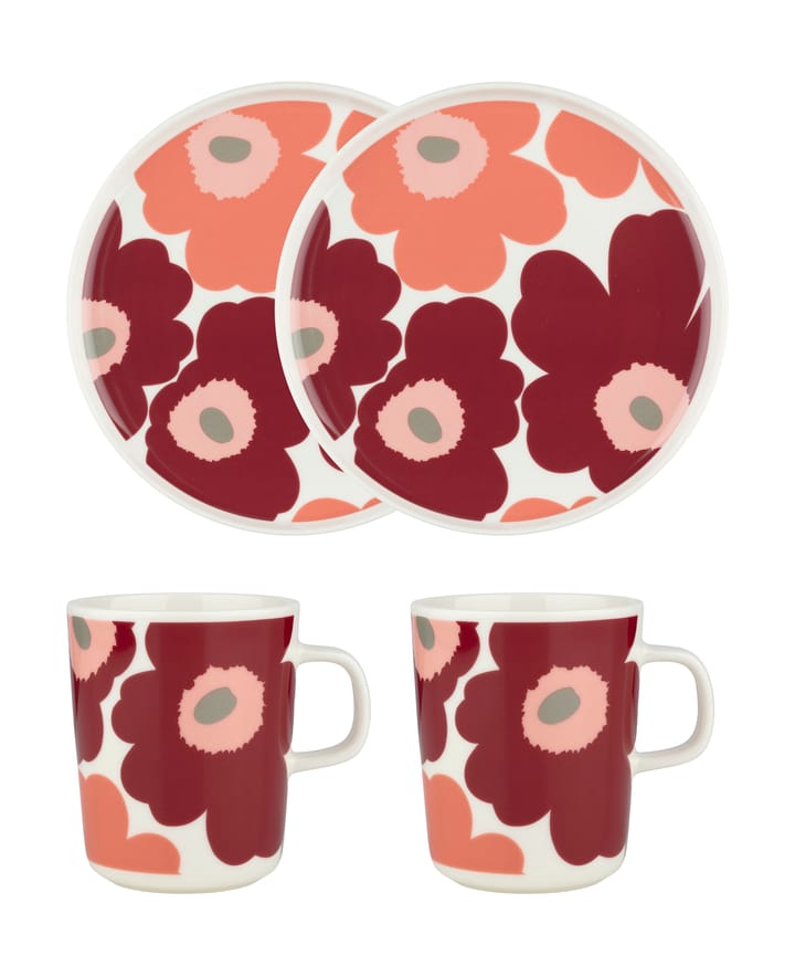 Unikko Frühstücksset, White-dark cherry-salmon red Marimekko