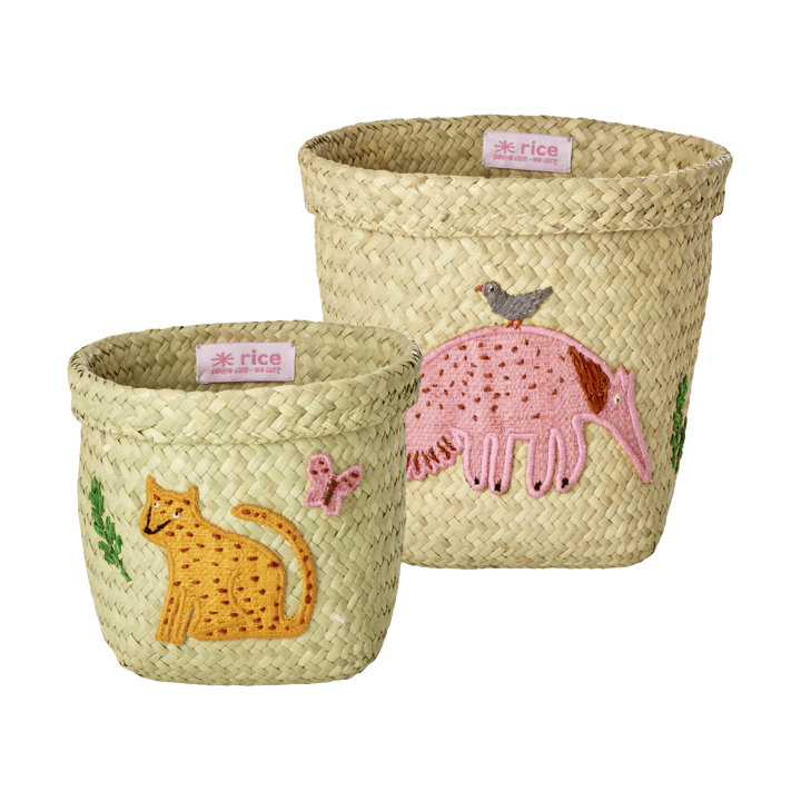 Rice Raffia Aufbewahrungskorb rund 2 Teile, Animal Embroidery-Pink-orange RICE